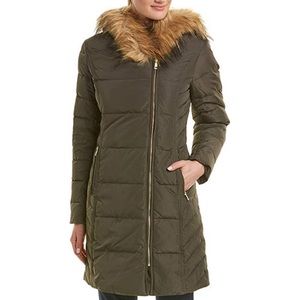 Cole Haan Thigh Length Down Puffer Parka Coat Jacket with Faux Fur Hood D.